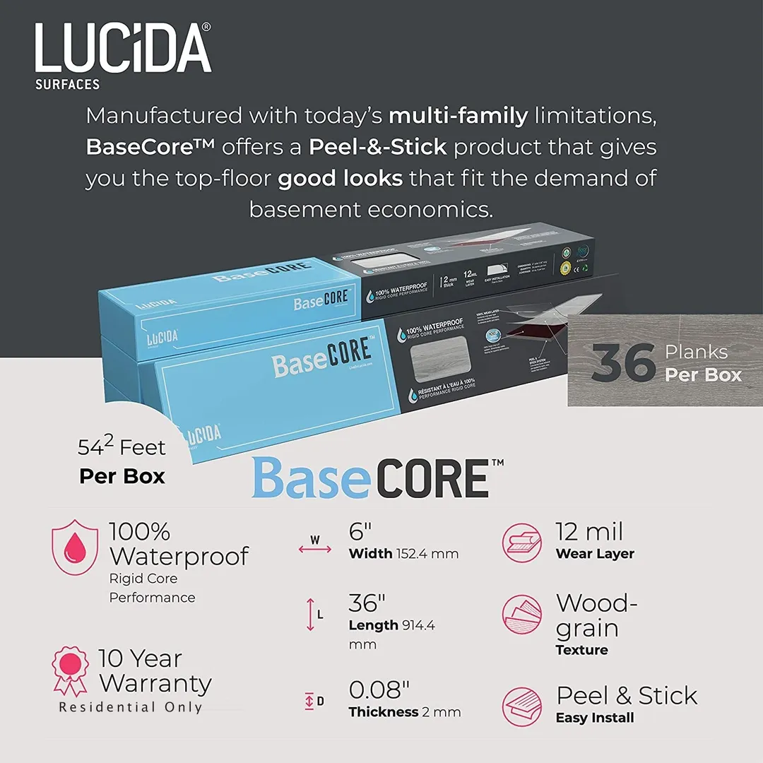 Lucida USA BaseCore Smoked 6-in W x 36-in L x 2-mm Waterproof Peel-and-Stick Luxury Vinyl Plank Flooring, 12-mil Wear Layer, 54-sq ft Carton, photo 7 of 8