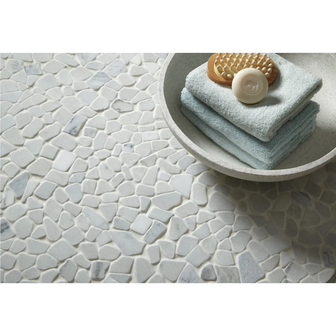 American Olean Genuine Stone Refined White 12-in x 12-in Tumbled Natural Stone Marble Pebble Mosaic Floor and Wall Tile, photo 5 of 5