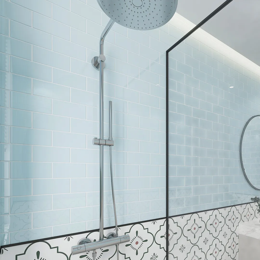 Giorbello (Sample) 3x6 glass subway tiles Morning Sky Blue 3-in x 6-in Glossy Glass Brick Subway Wall Tile, photo 5 of 6