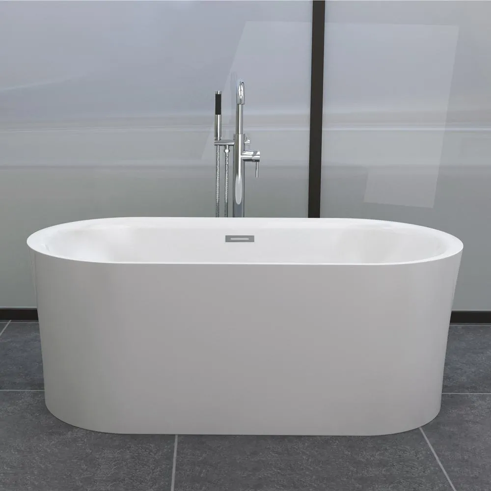 WOODBRIDGE Diana 59 in. Acrylic Freestanding Double-Ended Air Bath Bathtub with Chrome Drain & Overflow, White, photo 2 of 12