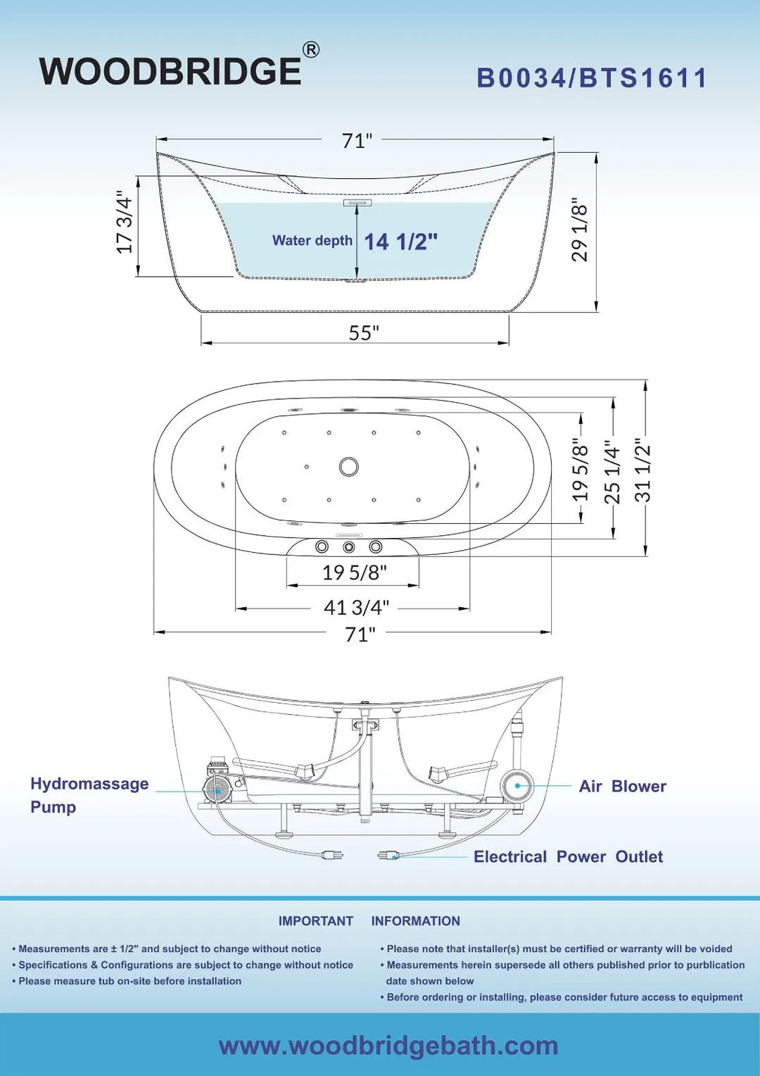 WOODBRIDGE 71 in. x 35 in. Acrylic Freestanding Double Slipper Whirlpool and Air Bathtub with Drain and Overflow Included in White, photo 3 of 5