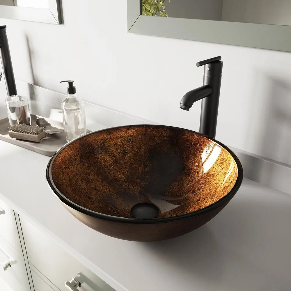 Glass Vessel Bathroom Sink in Gray Onyx and Seville Faucet Set in Matte Black, photo 16 of 27