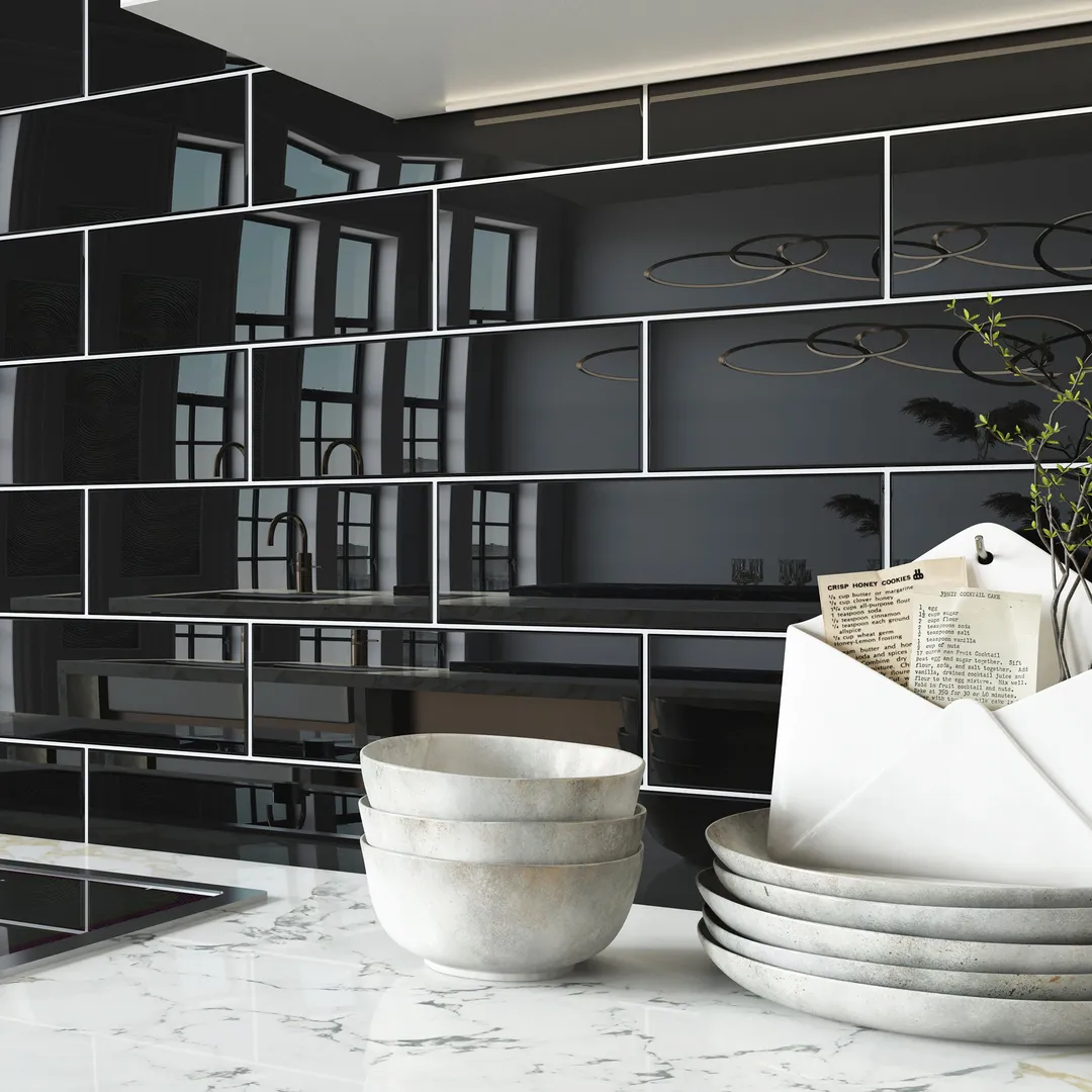 Giorbello (Sample) 4x12 glass subway tiles Black 4-in x 12-in Glossy Glass Brick Subway Wall Tile, photo 4 of 6