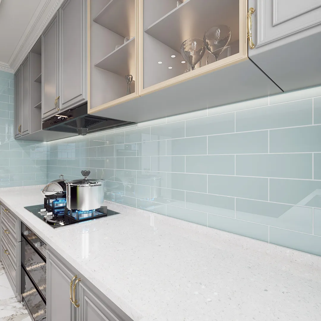 Giorbello Classic Premium Baby Blue 4-in x 12-in Glossy Glass Subway Wall Tile (5-sq. ft/ Carton), photo 4 of 7