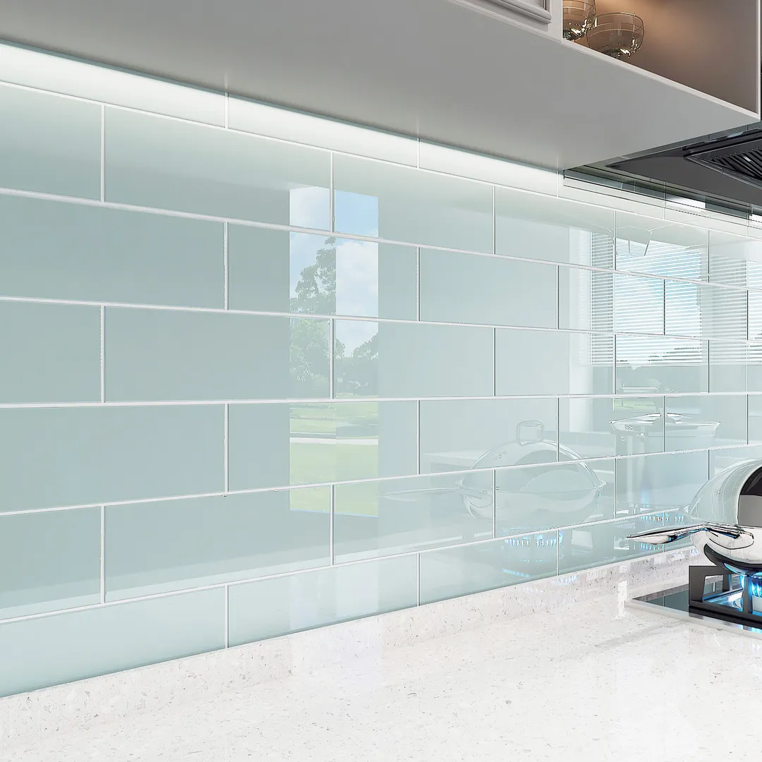 Giorbello (Sample) 4x12 glass subway tiles Baby Blue 3-in x 6-in Glossy Glass Brick Subway Wall Tile, photo 4 of 5