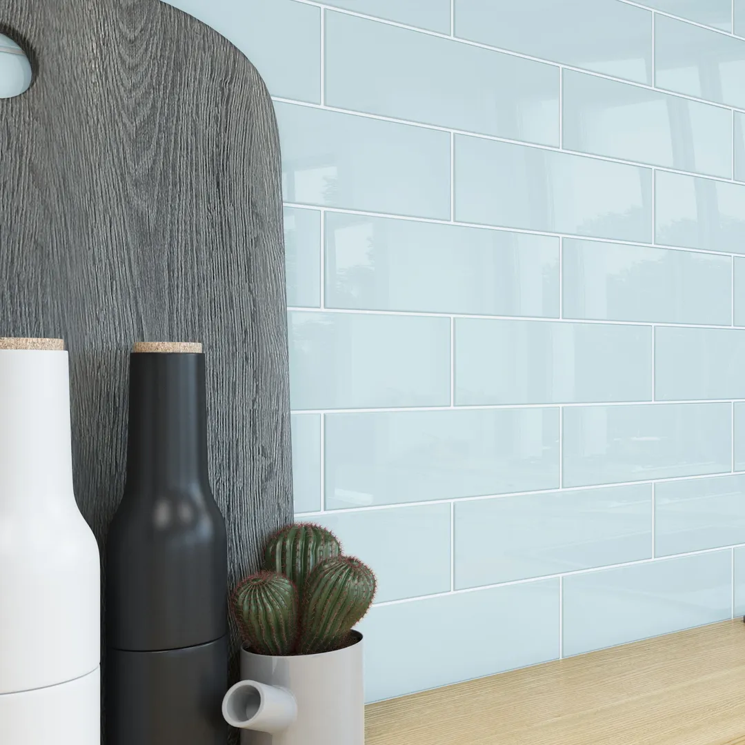Giorbello (Sample) 4x12 glass subway tiles Morning Sky Blue 4-in x 12-in Glossy Glass Brick Subway Wall Tile, photo 3 of 6