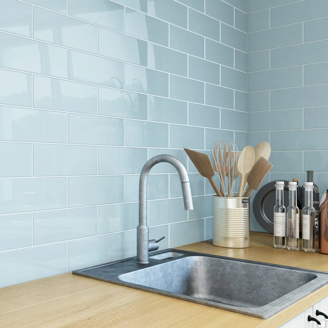 Giorbello (Sample) 4x12 glass subway tiles Morning Sky Blue 4-in x 12-in Glossy Glass Brick Subway Wall Tile, photo 5 of 6