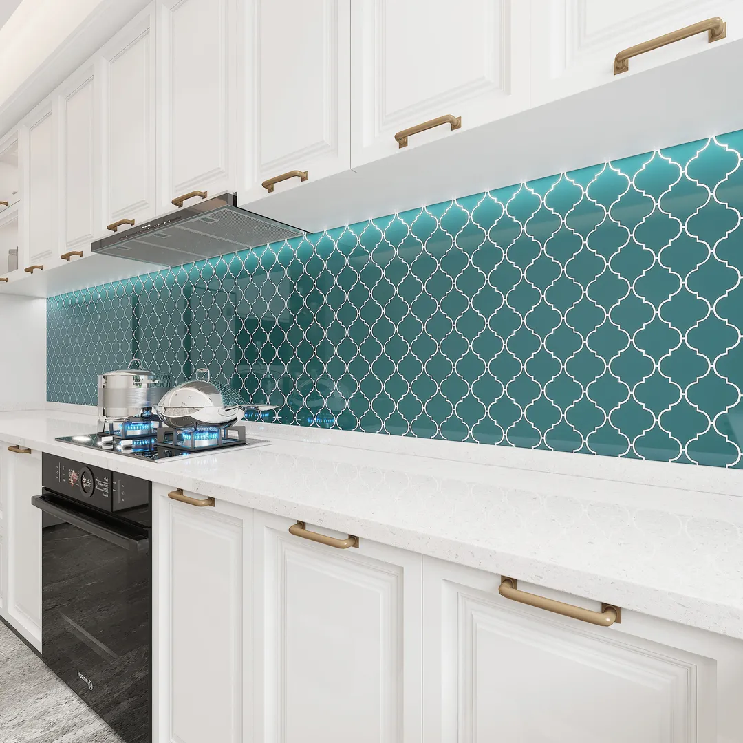 Giorbello Arabesque Mosaic Dark Teal 4-in x 4-in Glossy Glass Wall Tile (7.89-sq. ft/ Carton), photo 3 of 7