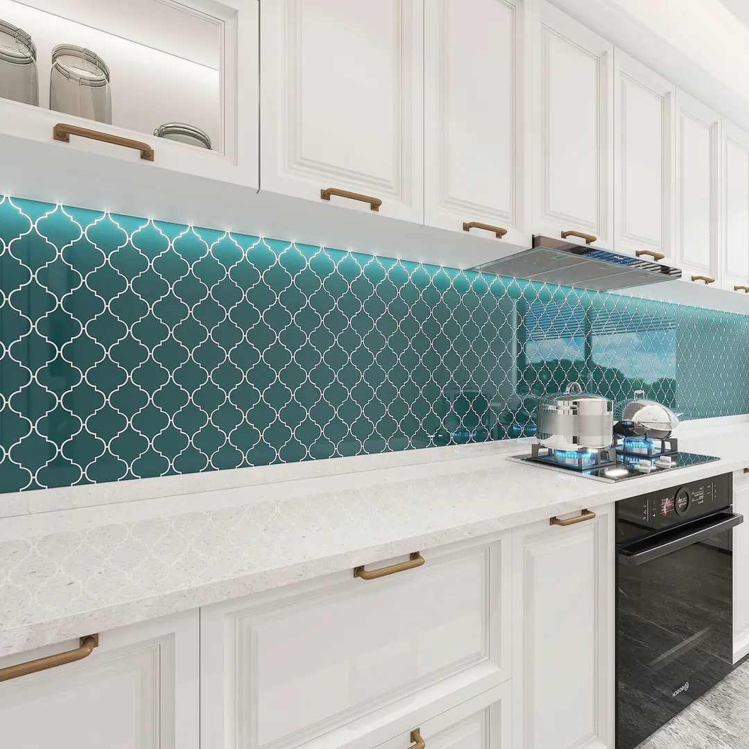 Giorbello (Sample) Glass arabesque tiles Dark Teal 4-in x 4-in Glossy Glass Lantern Subway Wall Tile, photo 3 of 5