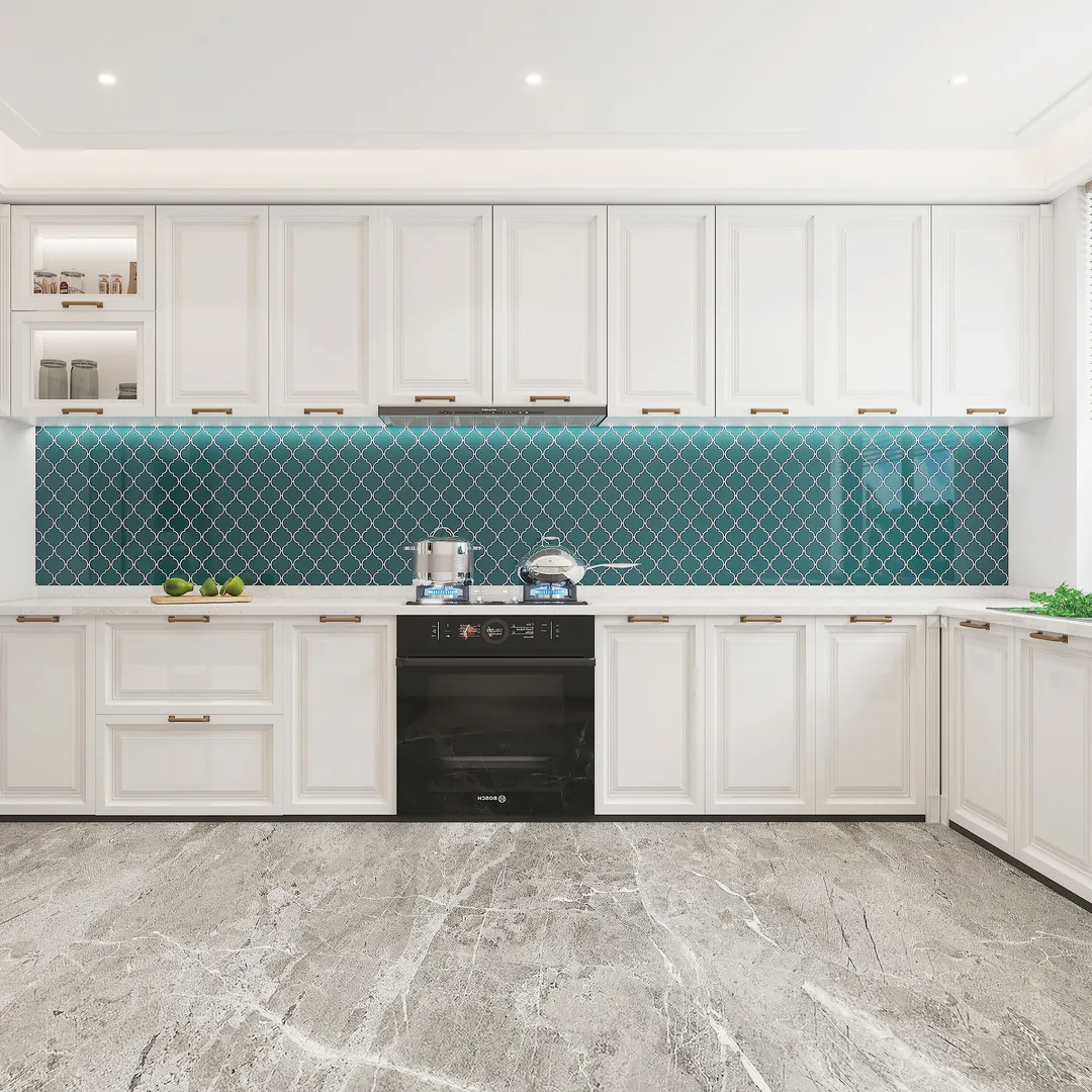 Giorbello (Sample) Glass arabesque tiles Dark Teal 4-in x 4-in Glossy Glass Lantern Subway Wall Tile, photo 4 of 5