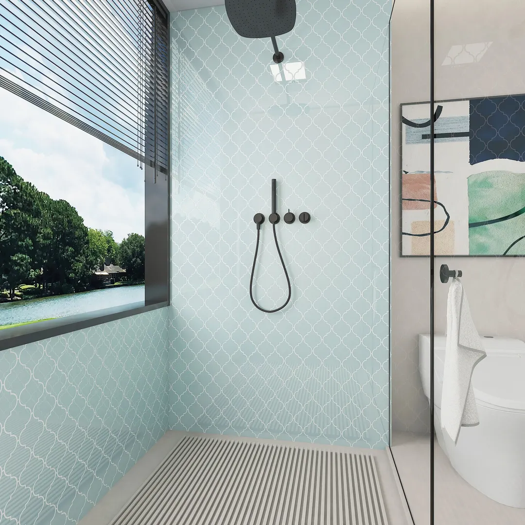 Giorbello (Sample) Glass Arabesque Tiles Baby Blue 4-in x 4-in Glossy Glass Lantern Subway Wall Tile, photo 4 of 5