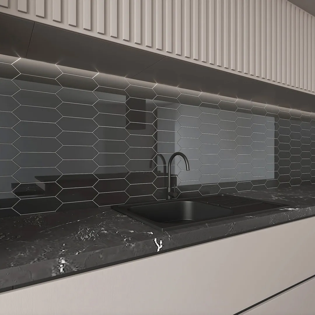 Giorbello Picket Hexagon Black 3-in x 9-in Glossy Glass Subway Wall Tile (5.8-sq. ft/ Carton), photo 4 of 7