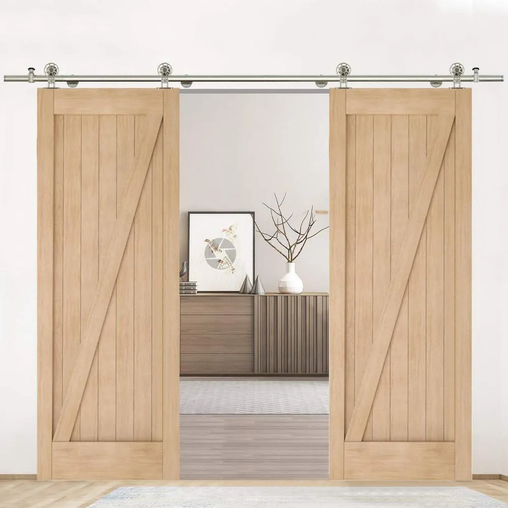 WINSOON 8 ft./96 in. Stainless Steel Sliding Spoke Wheel Barn Door Hardware Kit for Double Door with Non-Routed Floor Guide, photo 4 of 7