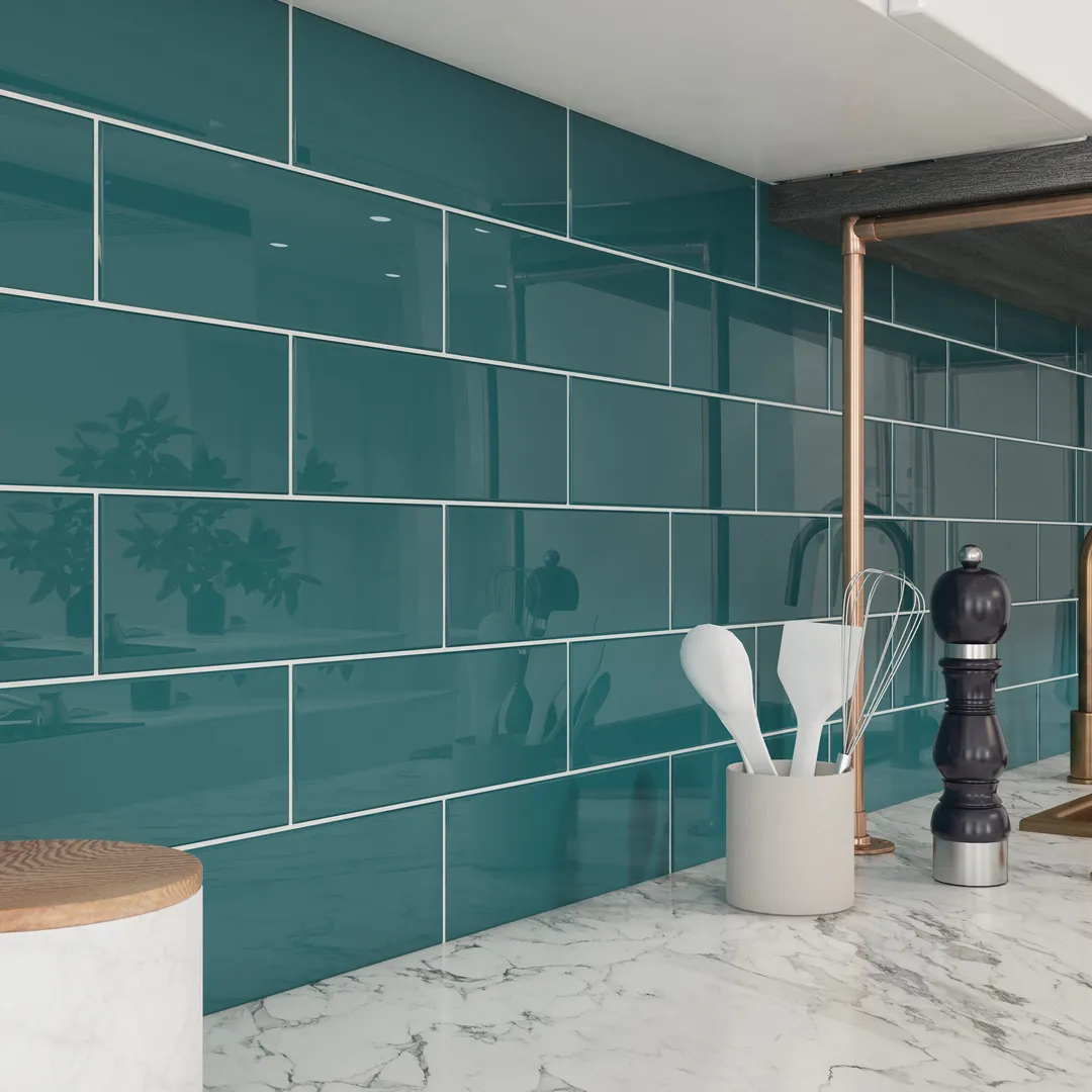 Giorbello Classic Premium Dark Teal 3-in x 9-in Glossy Glass Subway Wall Tile (5-sq. ft/ Carton), photo 3 of 7