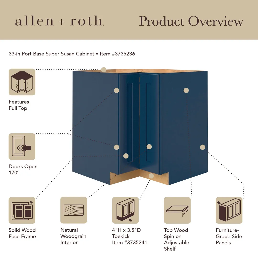 allen + roth Port 33-in W x 34.5-in H x 24-in D Navy Lazy Susan Corner Base Fully Assembled Cabinet (Flat Panel Shaker Style), photo 15 of 19