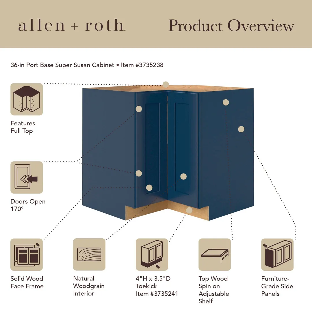 allen + roth Port 36-in W x 34.5-in H x 24-in D Navy Lazy Susan Corner Base Fully Assembled Cabinet (Flat Panel Shaker Style), photo 15 of 19