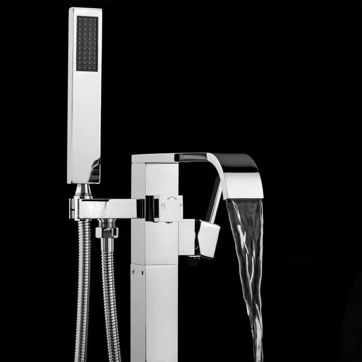 1-Handle Freestanding Floor Mount Roman Tub Faucet Bathtub Filler with Hand Shower in Chrome, photo 7 of 8