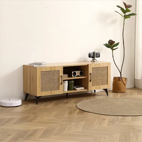 Oak TV Cabinet with Rattan Net Modern/Contemporary Oak Tv Cabinet