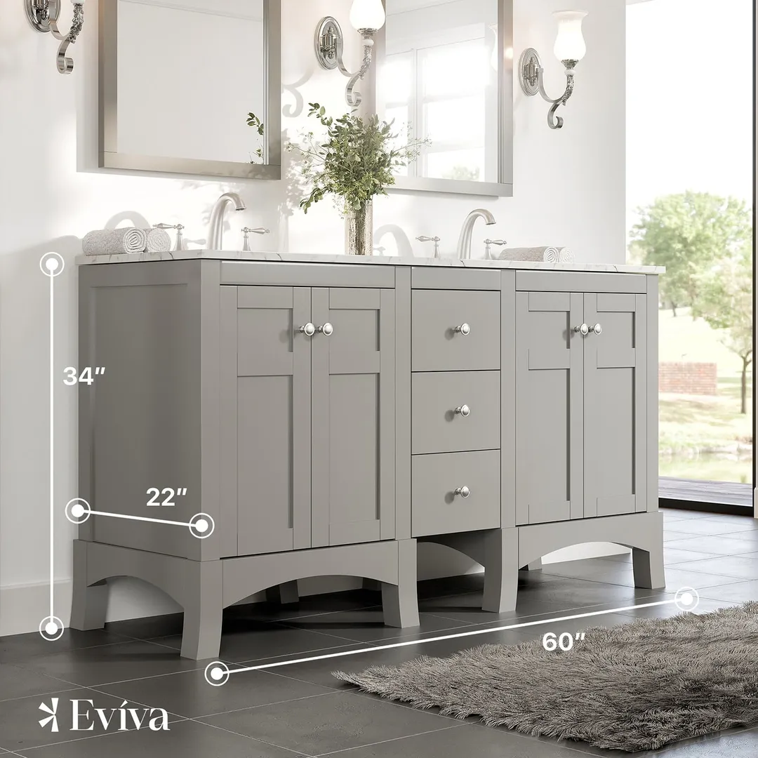 Eviva New Jersey 60-in W x 22-in D x 34-in H Freestanding Double Sink Bathroom Vanity in Gray with White Carrara Marble Top, photo 2 of 7