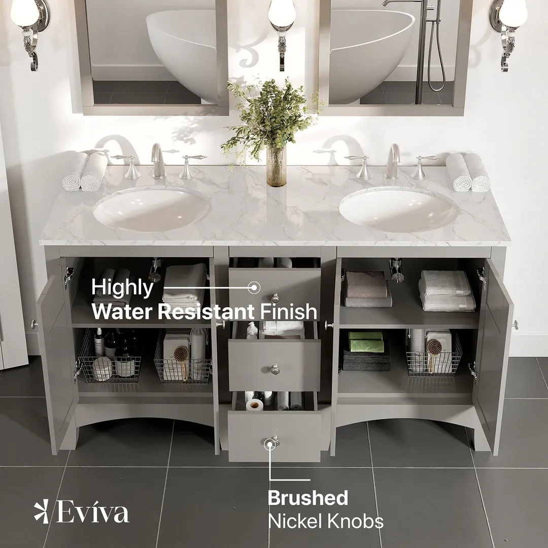 Eviva New Jersey 60-in W x 22-in D x 34-in H Freestanding Double Sink Bathroom Vanity in Gray with White Carrara Marble Top, photo 3 of 7