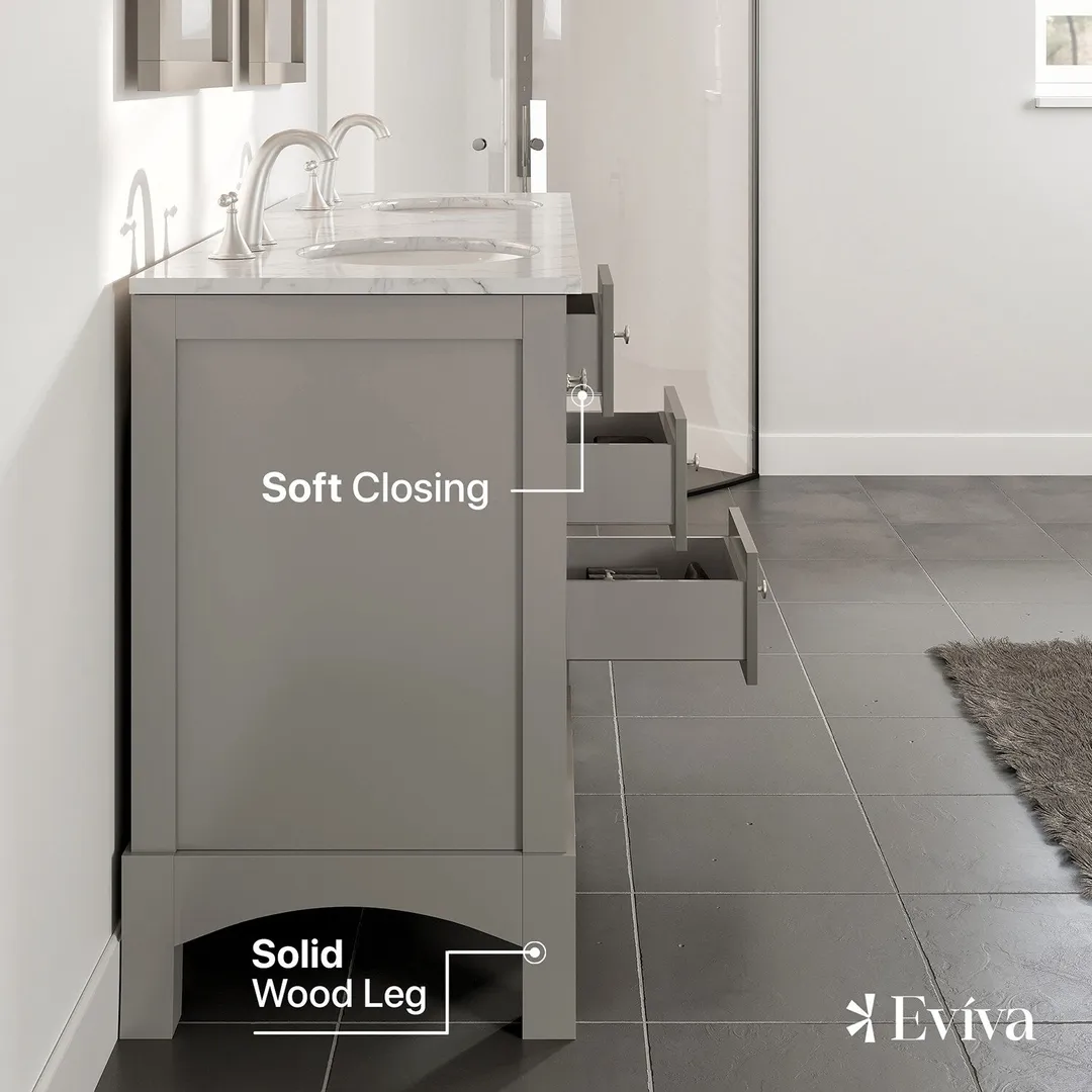 Eviva New Jersey 60-in W x 22-in D x 34-in H Freestanding Double Sink Bathroom Vanity in Gray with White Carrara Marble Top, photo 5 of 7