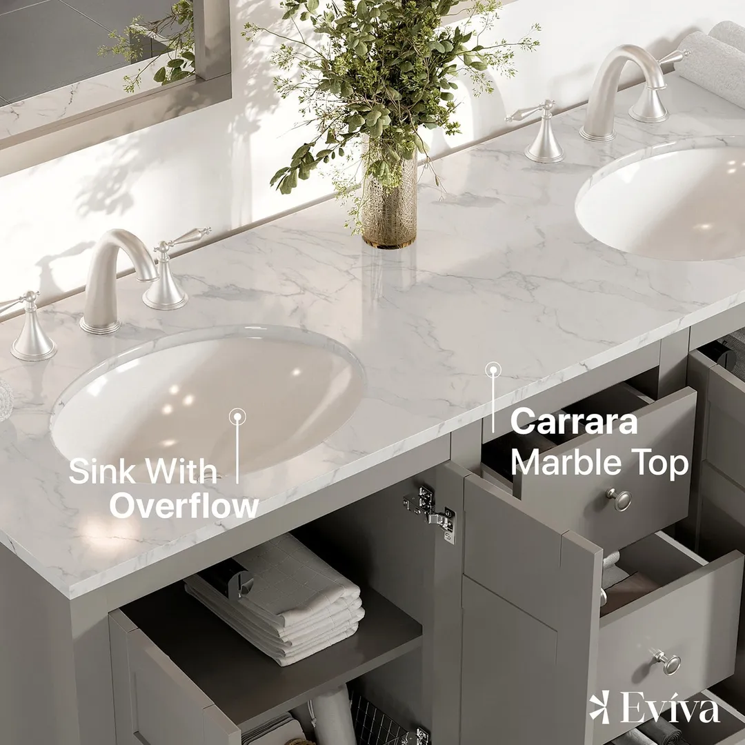 Eviva New Jersey 60-in W x 22-in D x 34-in H Freestanding Double Sink Bathroom Vanity in Gray with White Carrara Marble Top, photo 4 of 7