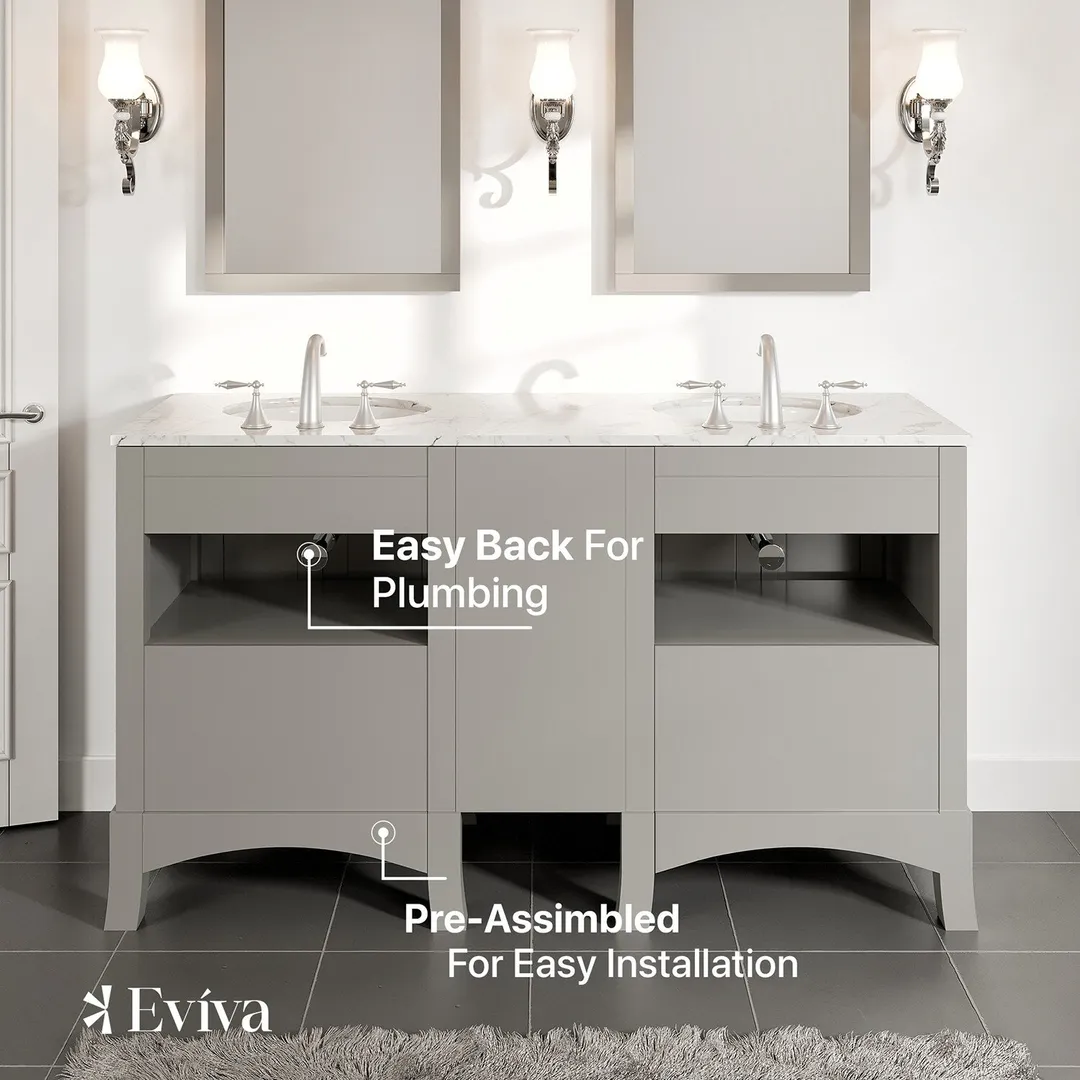 Eviva New Jersey 60-in W x 22-in D x 34-in H Freestanding Double Sink Bathroom Vanity in Gray with White Carrara Marble Top, photo 6 of 7