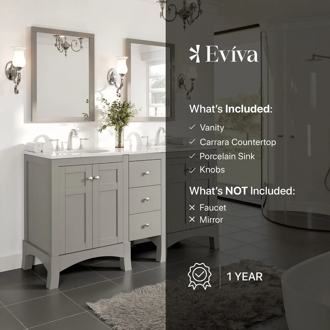 Eviva New Jersey 60-in W x 22-in D x 34-in H Freestanding Double Sink Bathroom Vanity in Gray with White Carrara Marble Top, photo 7 of 7