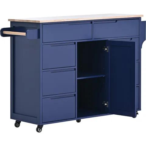 Blue Mdf Base with Wood Top Rolling Kitchen Cart