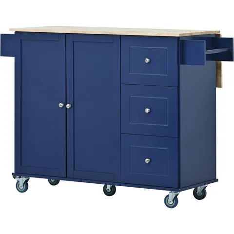 Blue Mdf Base with Wood Top Rolling Kitchen Cart
