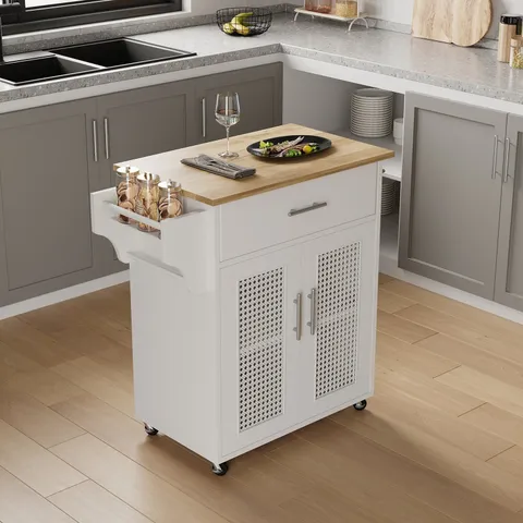 White Mdf Base with Composite Wood Top Rolling Kitchen Island