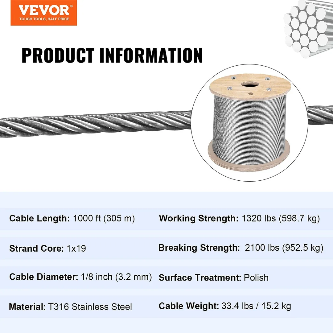 VEVOR 1000-ft Silver Stainless Steel Cable, photo 8 of 10