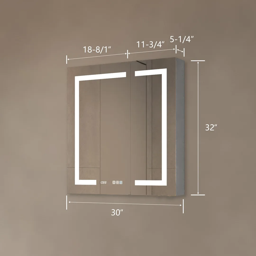 ExBrite 30-in x 32-in Lighted LED Fog Free Surface/Recessed Mount Silver Mirrored Soft Close Medicine Cabinet with Outlet, photo 15 of 16