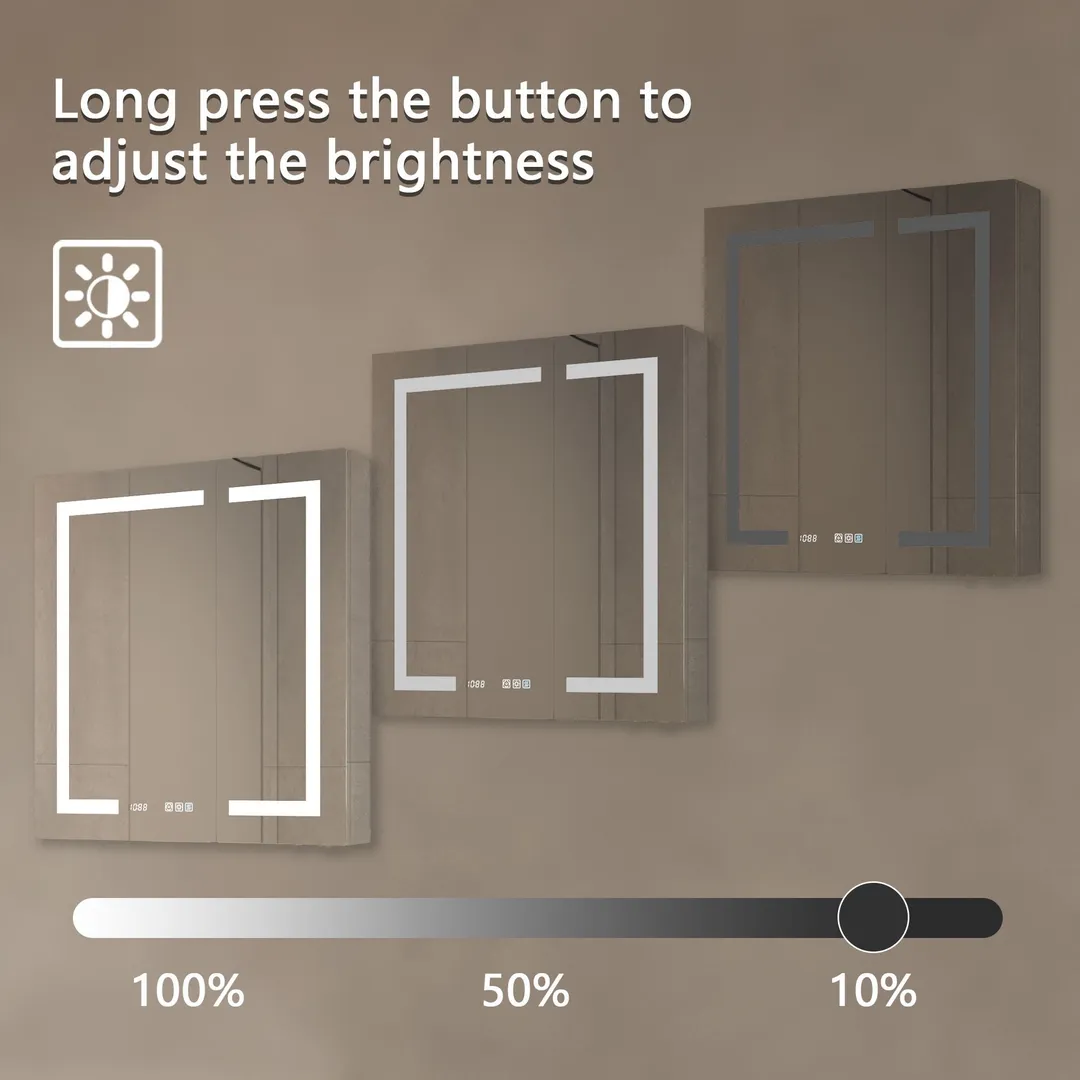 ExBrite 30-in x 32-in Lighted LED Fog Free Surface/Recessed Mount Silver Mirrored Soft Close Medicine Cabinet with Outlet, photo 6 of 16
