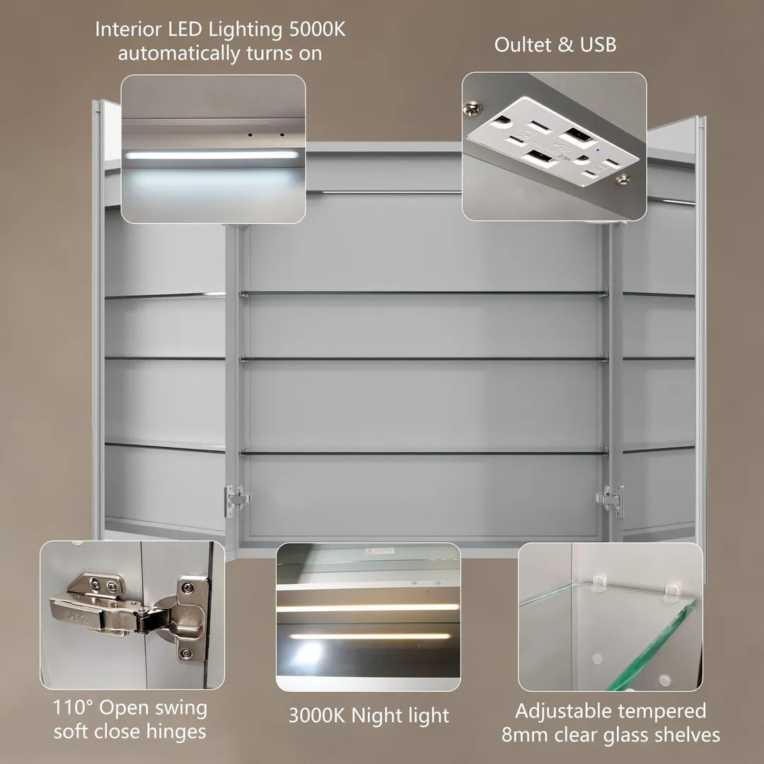 ExBrite 30-in x 32-in Lighted LED Fog Free Surface/Recessed Mount Silver Mirrored Soft Close Medicine Cabinet with Outlet, photo 8 of 16