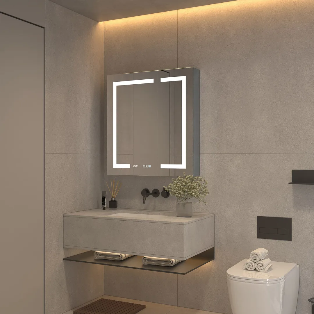 ExBrite 30-in x 32-in Lighted LED Fog Free Surface/Recessed Mount Silver Mirrored Soft Close Medicine Cabinet with Outlet, photo 3 of 16