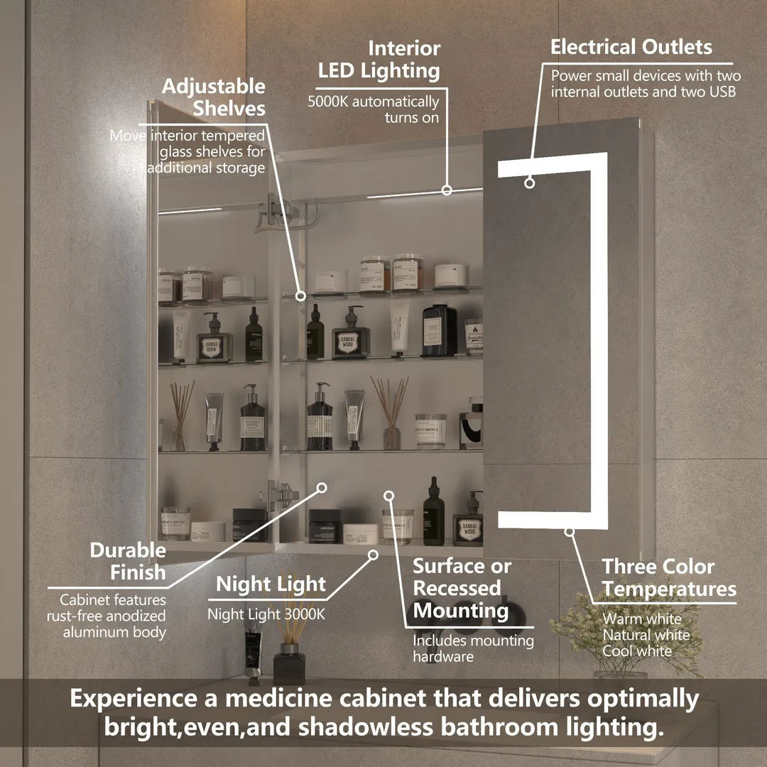 ExBrite 30-in x 32-in Lighted LED Fog Free Surface/Recessed Mount Silver Mirrored Soft Close Medicine Cabinet with Outlet, photo 4 of 16
