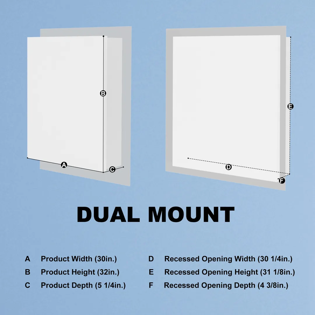 ExBrite 30-in x 32-in Lighted LED Fog Free Surface/Recessed Mount Silver Mirrored Soft Close Medicine Cabinet with Outlet, photo 14 of 16