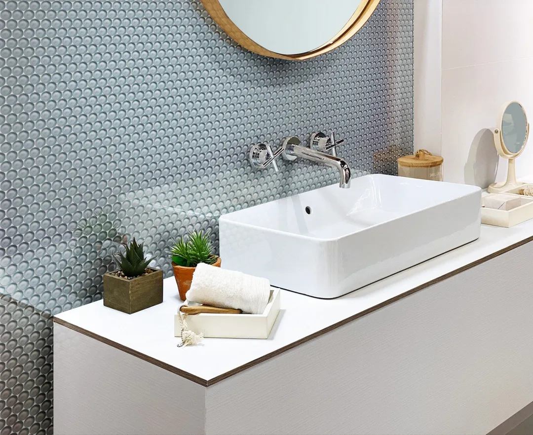 Apollo Tile (Sample) Colorway Light Gray 4-in x 4-in Glossy Glass Penny Round Mosaic Floor and Wall Tile, photo 3 of 7