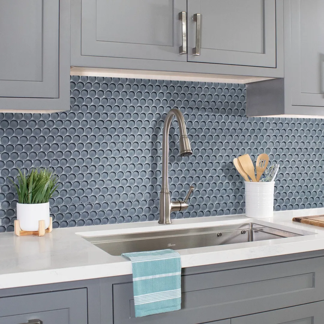 Apollo Tile (Sample) Colorway Gray 4-in x 4-in Glossy Glass Penny Round Mosaic Floor and Wall Tile, photo 3 of 7