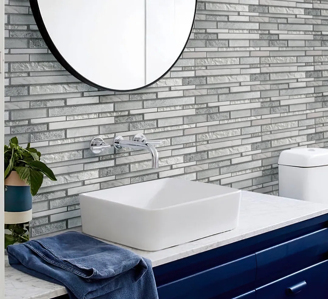 Apollo Tile (Sample) Waterfall White and Gray 4-in x 4-in Multi-finish Glass/Metal/Stone Marble Linear Mosaic Wall Tile, photo 2 of 7