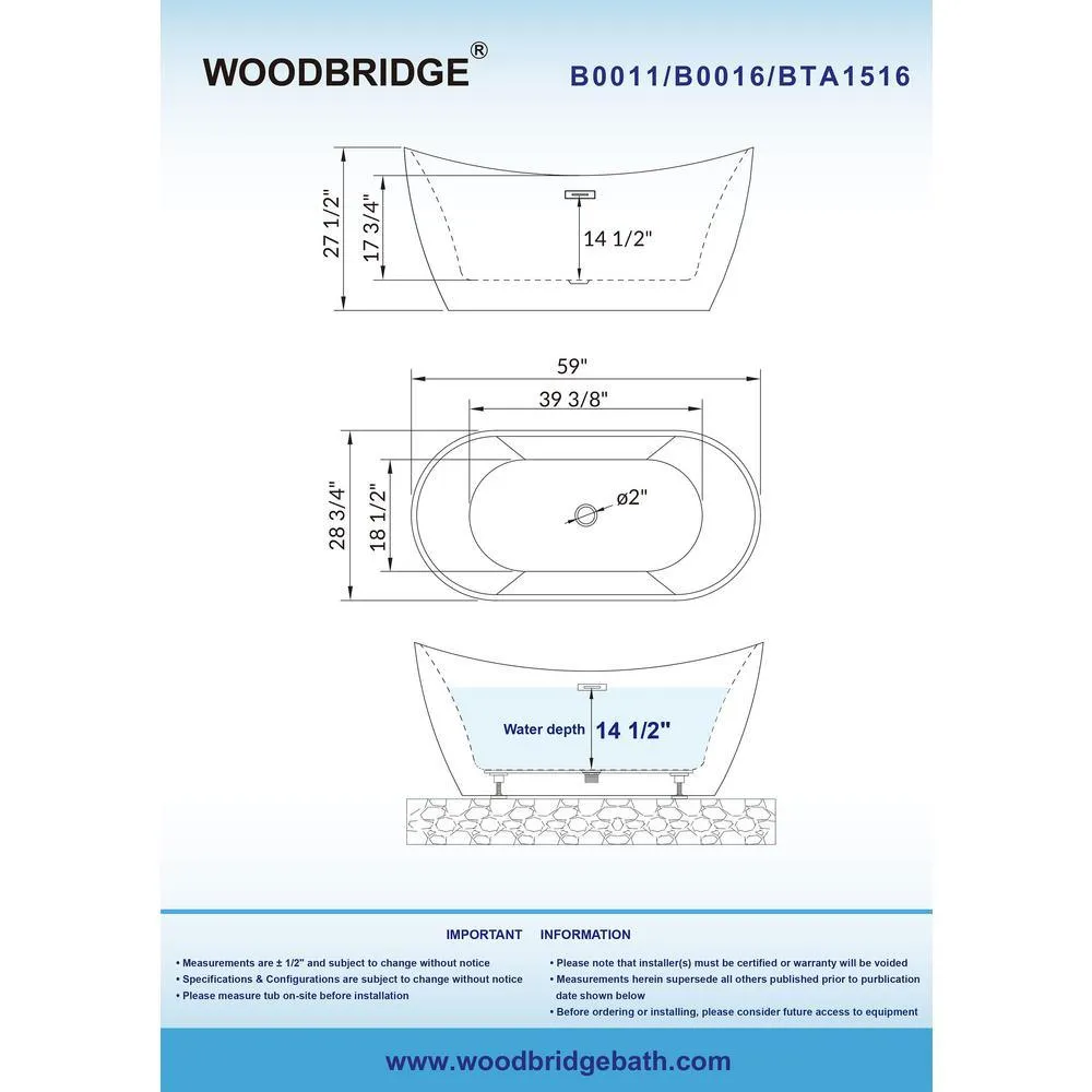 WOODBRIDGE Ladlow 59 in. Acrylic Freestanding Double Slipper Flat Bottom Soaking Bathtub with Drain and Overflow Included in White, photo 6 of 17