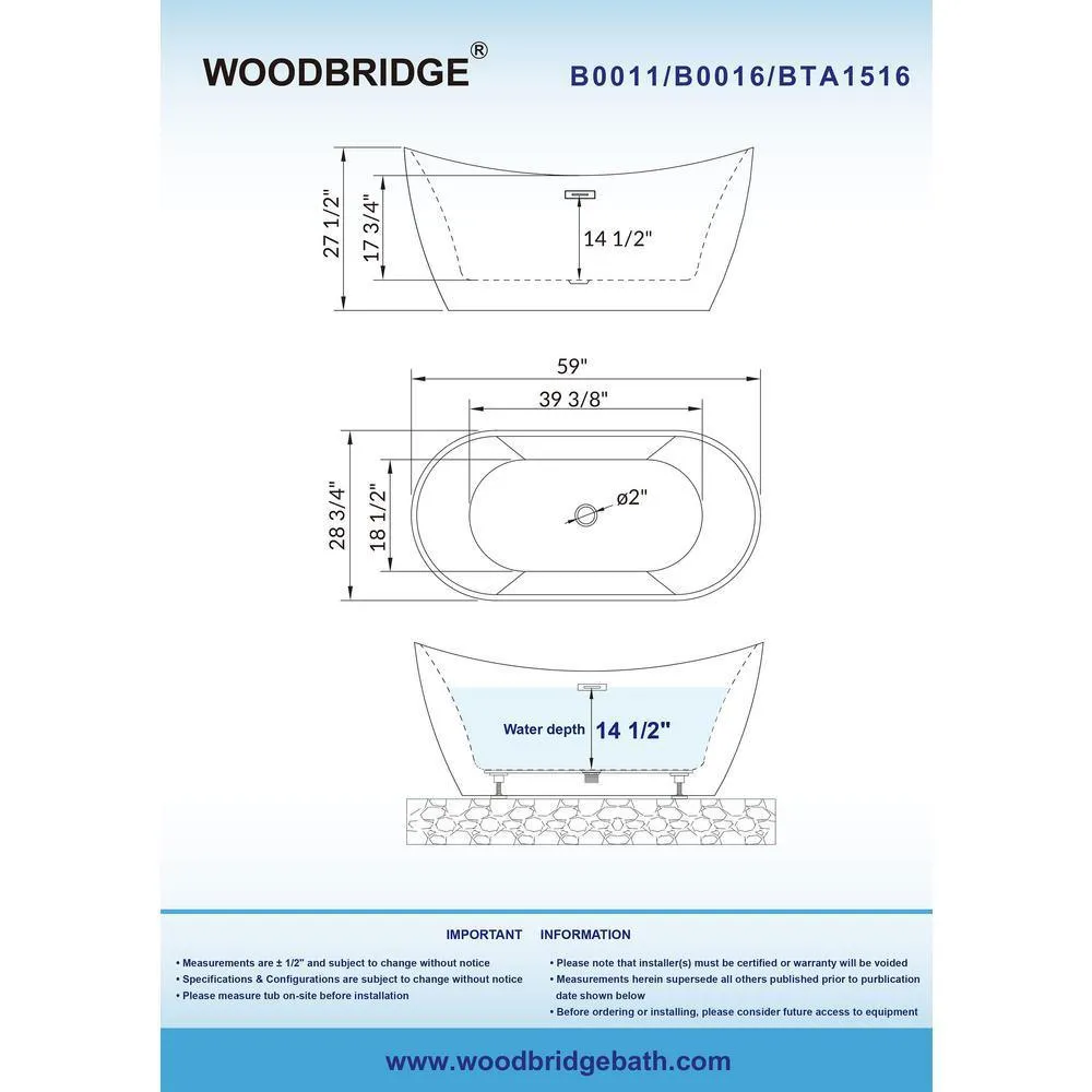 WOODBRIDGE Carver 59 in. Acrylic Freestanding Double Slipper Soaking Bathtub with Chrome Drain & Overflow, White, photo 6 of 11