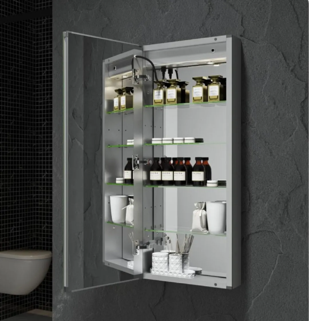 Fresca 15-in x 36-in Lighted LED Fog Free Surface/Recessed Mount LED Mirror Mirrored Soft Close Medicine Cabinet with Outlet, photo 5 of 7