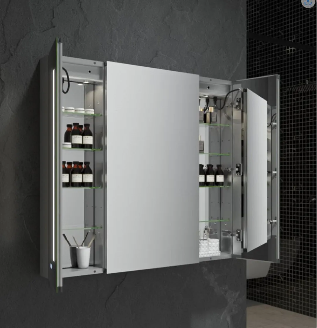 Fresca 40-in x 36-in Lighted LED Fog Free Surface/Recessed Mount LED Mirror Mirrored Soft Close Medicine Cabinet with Outlet, photo 5 of 7