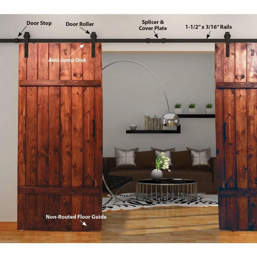 137.75 in. Black Solid Steel Barn Door Hardware Kit for Double Wood Doors with Adjustable Floor Guides (2-Piece Rails), photo 5 of 8
