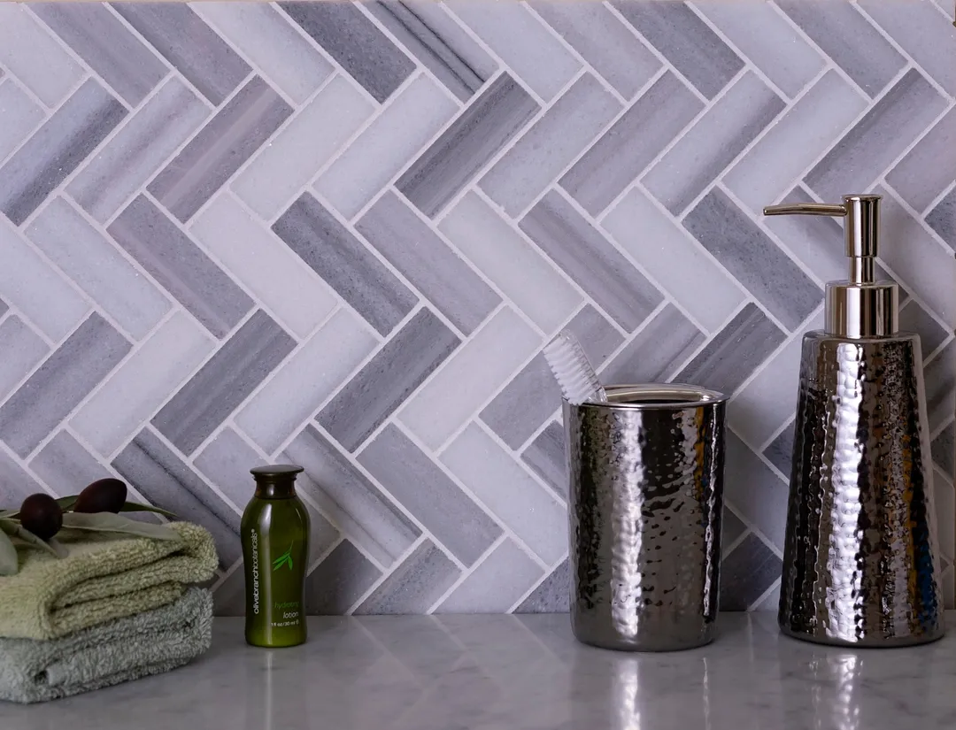 Apollo Tile (Sample) Gray 4-in x 4-in Polished Glass/Metal/Stone Marble Herringbone Floor and Wall Tile, photo 11 of 11