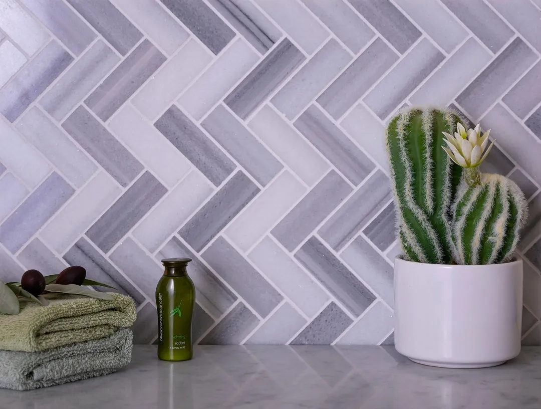 Apollo Tile (Sample) Gray 4-in x 4-in Polished Glass/Metal/Stone Marble Herringbone Floor and Wall Tile, photo 10 of 11