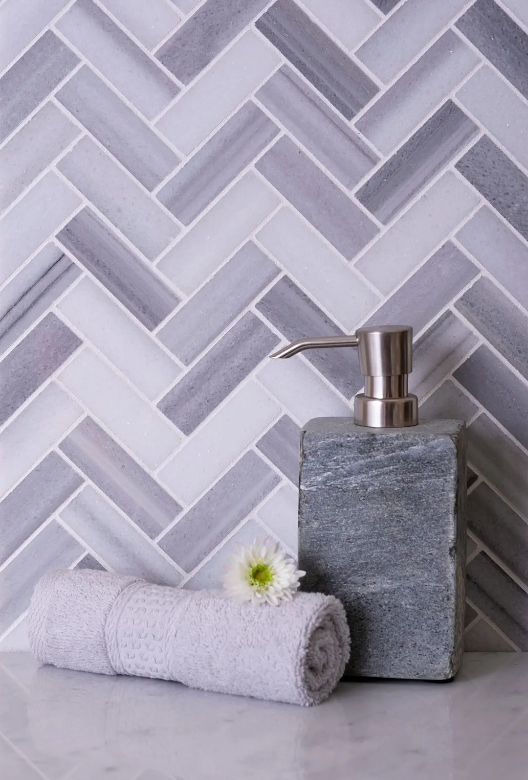 Apollo Tile (Sample) Gray 4-in x 4-in Polished Glass/Metal/Stone Marble Herringbone Floor and Wall Tile, photo 9 of 11