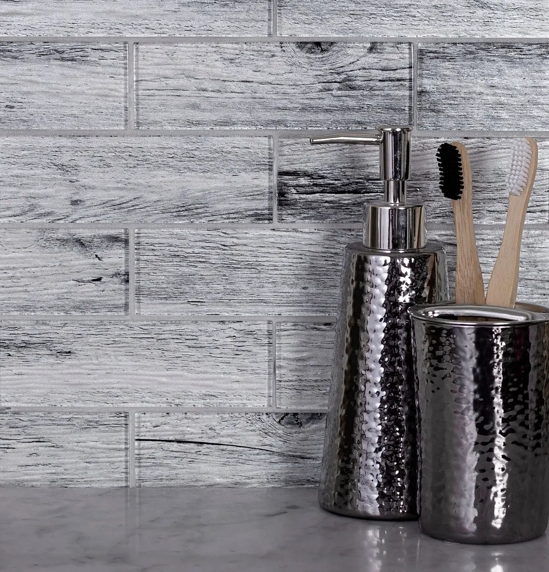 Apollo Tile (Sample) Gray 4-in x 4-in Glossy Glass Brick Wood Look Floor and Wall Tile, photo 9 of 11